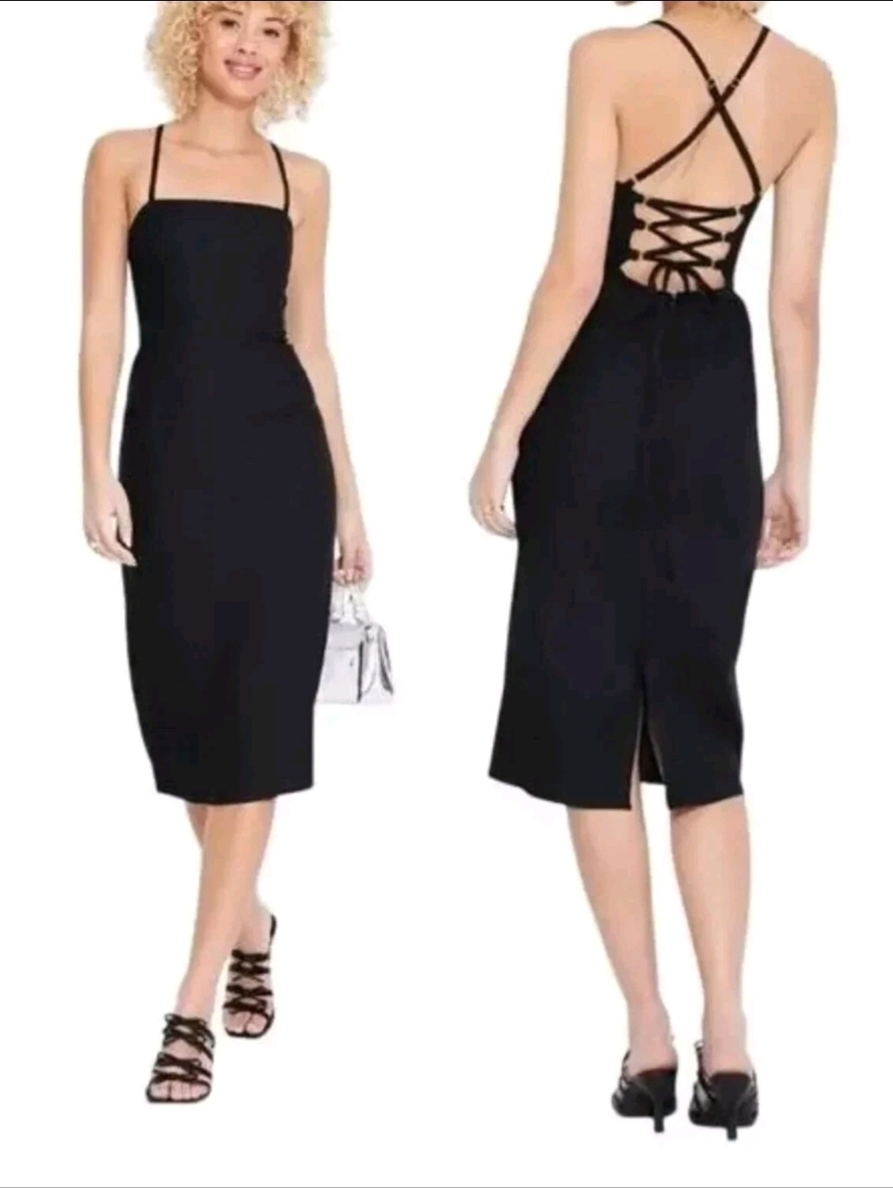 NWT Wild Fable Linen Tie Back Midi Dress In Black Size 6
